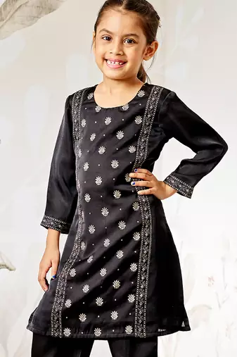 Girl's black silk kurta - ethnic motif foil print traditional raksha bandhan wedding diwali festive wear (22-30)