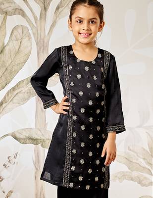 Girl's black silk kurta - ethnic motif foil print traditional raksha bandhan wedding diwali festive wear (22-30) 4