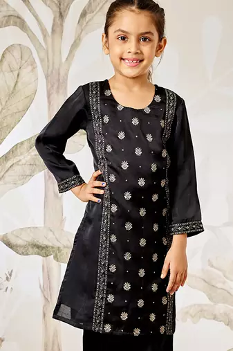 Girl's black silk kurta - ethnic motif foil print traditional raksha bandhan wedding diwali festive wear (22-30)