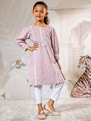 Girl's aqua floral print kurta legging set - traditional raksha bandhan ethnic wear summer collection (22-30) 1
