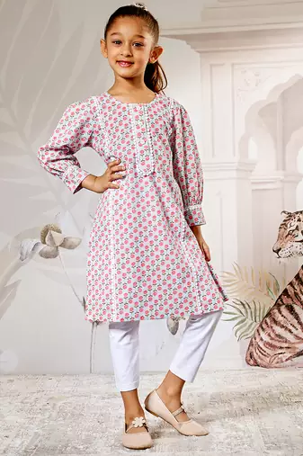 Girl's aqua floral print kurta legging set - traditional raksha bandhan ethnic wear summer collection (22-30)