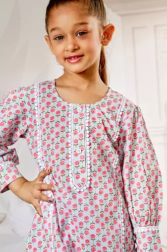 Girl's aqua floral print kurta legging set - traditional raksha bandhan ethnic wear summer collection (22-30)