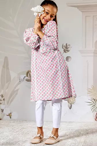 Girl's aqua floral print kurta legging set - traditional raksha bandhan ethnic wear summer collection (22-30)