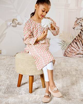 Girl's cotton kurta leggings set in mint green with white bottom - traditional festival wear (22-30) 1