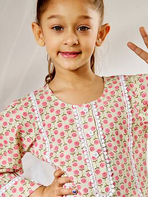 Girl's cotton kurta leggings set in mint green with white bottom - traditional festival wear (22-30) 2