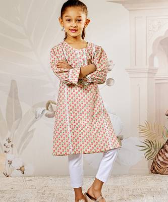 Girl's cotton kurta leggings set in mint green with white bottom - traditional festival wear (22-30) 3