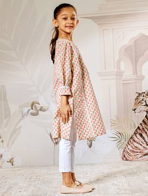 Girl's cotton kurta leggings set in mint green with white bottom - traditional festival wear (22-30) 4