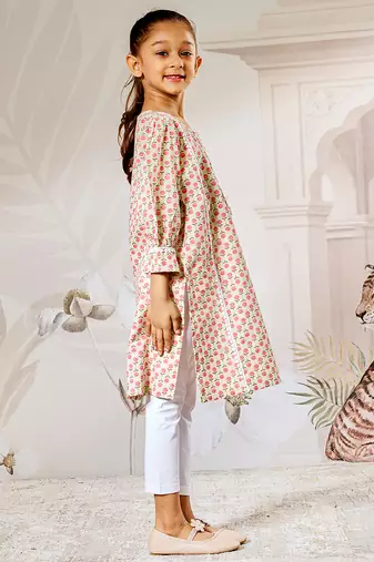 Girl's cotton kurta leggings set in mint green with white bottom - traditional festival wear (22-30)