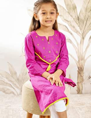 Girl's traditional raksha bandhan purple cotton kurta with thread embroidery floral design for festival wear 1