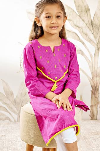 Girl's traditional raksha bandhan purple cotton kurta with thread embroidery floral design for festival wear