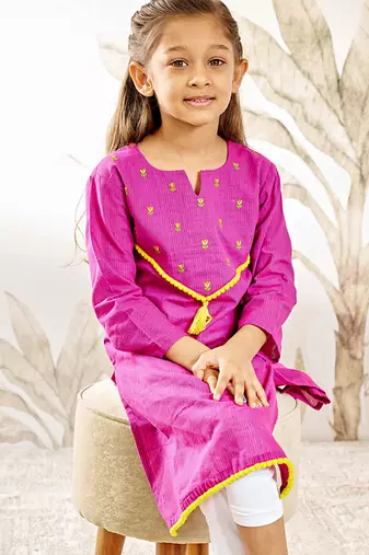Girl's traditional raksha bandhan purple cotton kurta with thread embroidery floral design for festival wear