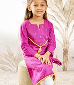 Girl's traditional raksha bandhan purple cotton kurta with thread embroidery floral design for festival wear