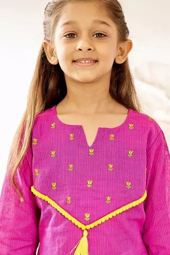Girl's traditional raksha bandhan purple cotton kurta with thread embroidery floral design for festival wear