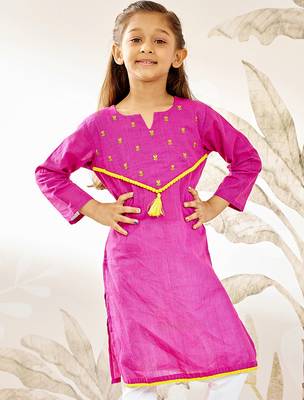 Girl's traditional raksha bandhan purple cotton kurta with thread embroidery floral design for festival wear 3
