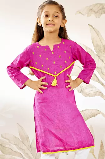 Girl's traditional raksha bandhan purple cotton kurta with thread embroidery floral design for festival wear