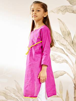 Girl's traditional raksha bandhan purple cotton kurta with thread embroidery floral design for festival wear 4