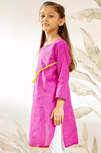 Girl's traditional raksha bandhan purple cotton kurta with thread embroidery floral design for festival wear