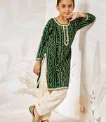 Girl's traditional green bandhanikurta patiala set with foil print bandhani for festival wear (22-30)