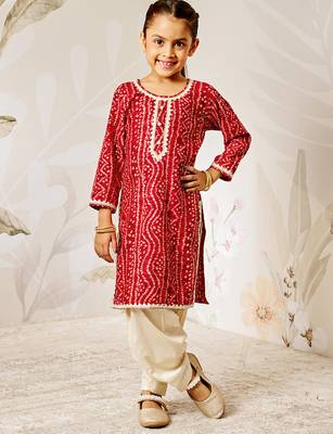 Girl's traditional red bandhani kurta patiala set with foil print bandhani for festival wear (22-30) 1