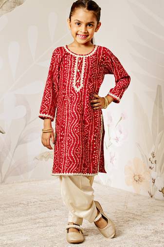 Girl's traditional red bandhani kurta patiala set with foil print bandhani for festival wear (22-30)