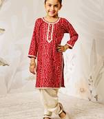 Girl's traditional red bandhani kurta patiala set with foil print bandhani for festival wear (22-30)
