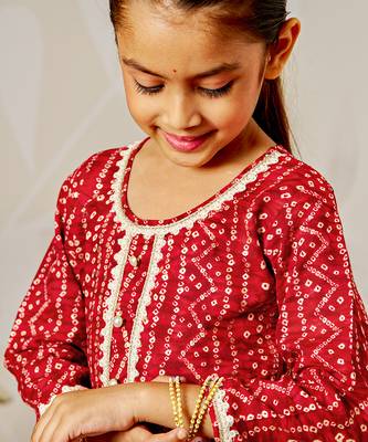 Girl's traditional red bandhani kurta patiala set with foil print bandhani for festival wear (22-30) 2
