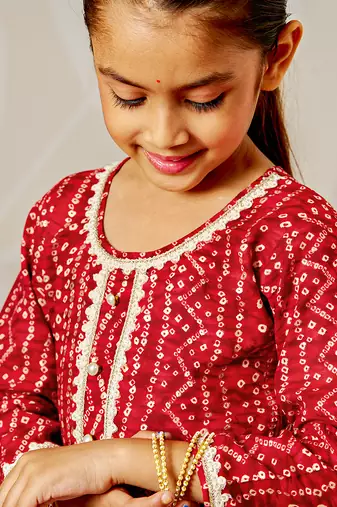 Girl's traditional red bandhani kurta patiala set with foil print bandhani for festival wear (22-30)