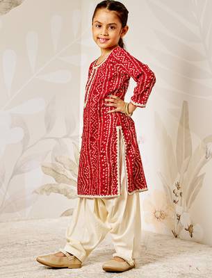 Girl's traditional red bandhani kurta patiala set with foil print bandhani for festival wear (22-30) 4