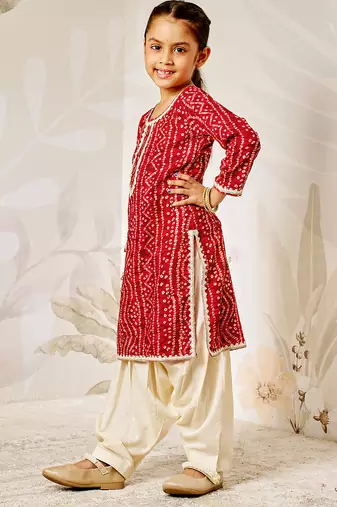 Girl's traditional red bandhani kurta patiala set with foil print bandhani for festival wear (22-30)
