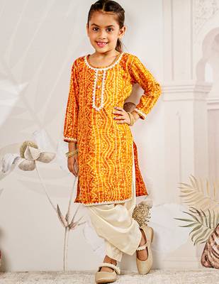 Girl's traditional mustard bandhani kurta patiala set with foil print bandhani for festival wear (22-30) 1