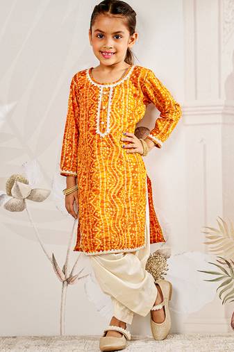 Girl's traditional mustard bandhani kurta patiala set with foil print bandhani for festival wear (22-30)