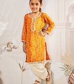 Girl's traditional mustard bandhani kurta patiala set with foil print bandhani for festival wear (22-30)