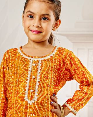 Girl's traditional mustard bandhani kurta patiala set with foil print bandhani for festival wear (22-30) 2