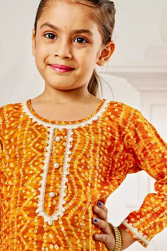 Girl's traditional mustard bandhani kurta patiala set with foil print bandhani for festival wear (22-30)