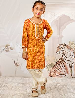 Girl's traditional mustard bandhani kurta patiala set with foil print bandhani for festival wear (22-30) 3