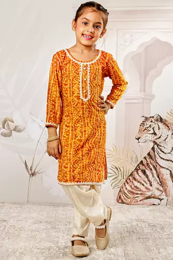 Girl's traditional mustard bandhani kurta patiala set with foil print bandhani for festival wear (22-30)