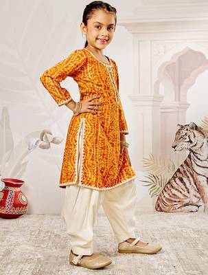 Girl's traditional mustard bandhani kurta patiala set with foil print bandhani for festival wear (22-30) 4