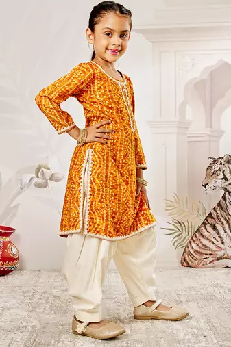 Girl's traditional mustard bandhani kurta patiala set with foil print bandhani for festival wear (22-30)
