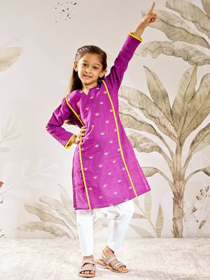Girl's traditional purple cotton kurta leggings set with thread embroidery for festival casual wear (22-30) 1