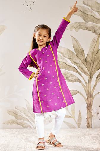 Girl's traditional purple cotton kurta leggings set with thread embroidery for festival casual wear (22-30)