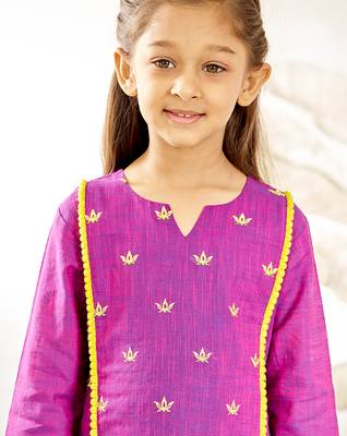 Girl's traditional purple cotton kurta leggings set with thread embroidery for festival casual wear (22-30) 2