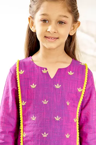 Girl's traditional purple cotton kurta leggings set with thread embroidery for festival casual wear (22-30)