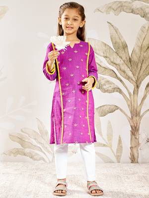 Girl's traditional purple cotton kurta leggings set with thread embroidery for festival casual wear (22-30) 3
