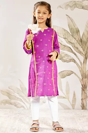 Girl's traditional purple cotton kurta leggings set with thread embroidery for festival casual wear (22-30)