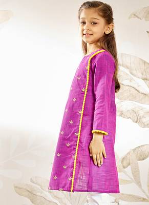 Girl's traditional purple cotton kurta leggings set with thread embroidery for festival casual wear (22-30) 4