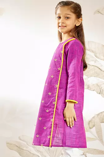 Girl's traditional purple cotton kurta leggings set with thread embroidery for festival casual wear (22-30)