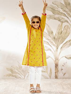 Girl's traditional mustard cotton kurta leggings set with thread embroidery for festival casual wear (22-30) 1