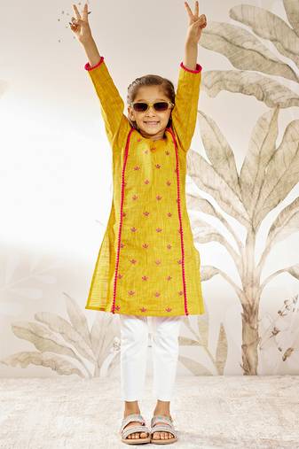 Girl's traditional mustard cotton kurta leggings set with thread embroidery for festival casual wear (22-30)