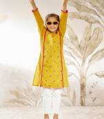 Girl's traditional mustard cotton kurta leggings set with thread embroidery for festival casual wear (22-30)