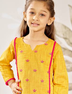 Girl's traditional mustard cotton kurta leggings set with thread embroidery for festival casual wear (22-30) 2